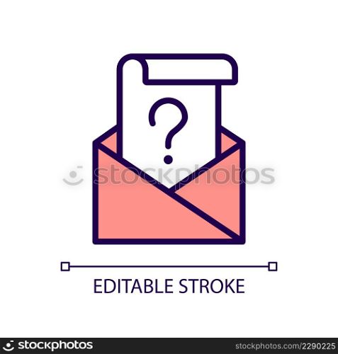 Mail question RGB color icon. Envelope and letter with question mark. Issue solution finding. Isolated vector illustration. Simple filled line drawing. Editable stroke. Arial font used. Mail question RGB color icon