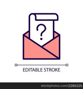 Mail question RGB color icon. Envelope and letter with question mark. Issue solution finding. Isolated vector illustration. Simple filled line drawing. Editable stroke. Arial font used. Mail question RGB color icon