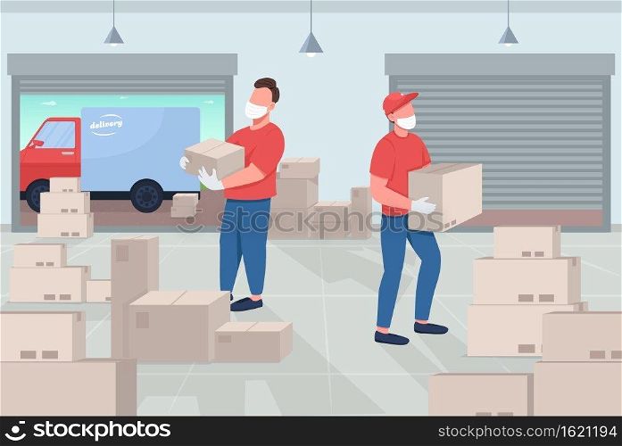 Mail warehouse flat color vector illustration. Sending packages during dangerous disease pandemic. Right to home delivery company staff 2D cartoon characters with lots of boxes on background. Mail warehouse flat color vector illustration