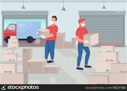 Mail warehouse flat color vector illustration. Sending packages during dangerous disease pandemic. Right to home delivery company staff 2D cartoon characters with lots of boxes on background. Mail warehouse flat color vector illustration