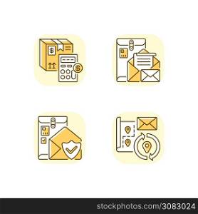 Mail yellow RGB color icons set. Calculating cargo price, cargo insurance, address change and postbox. Express postal delivery services. Isolated vector illustrations. Mail yellow RGB color icons set