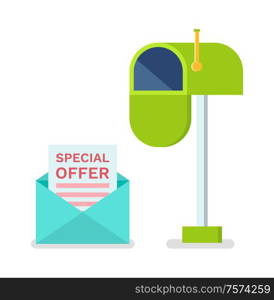 Mailbox designed for messages receiving vector. Email letter with open page, special offer, advertisement on printed material, isolated icon mailing. Special Offer in Envelope, Mailbox for Letters