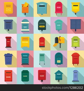 Mailbox icons set. Flat set of mailbox vector icons for web design. Mailbox icons set, flat style