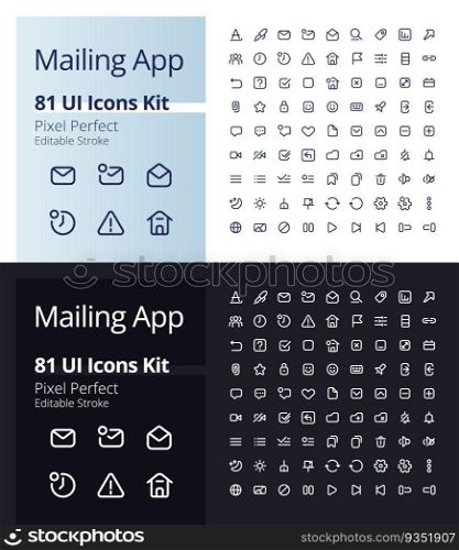 Mailing app pixel perfect linear ui icons kit for dark, light mode. Communication. Outline isolated user interface elements for night, day themes. Editable stroke. Poppins font used. Mailing app pixel perfect linear ui icons kit for dark, light mode