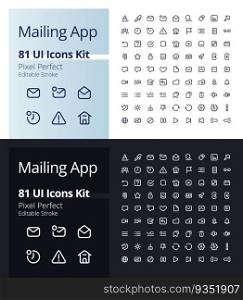 Mailing app pixel perfect linear ui icons kit for dark, light mode. Communication. Outline isolated user interface elements for night, day themes. Editable stroke. Poppins font used. Mailing app pixel perfect linear ui icons kit for dark, light mode