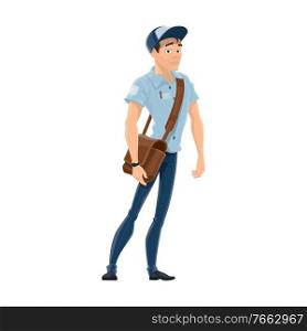 Mailman with sack vector icon. Male postman isolated, courier in uniform, postal worker. Postman or mailman isolated vector