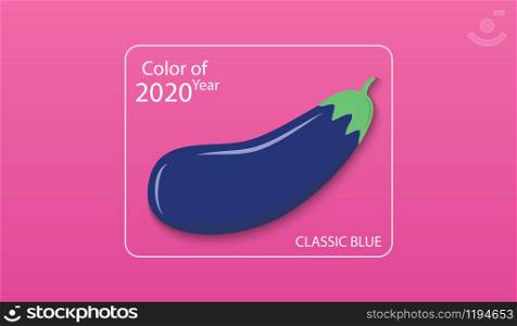 Main color of year 2020 Classic blue. Blue eggplant in a white square on a pink background. Swatch trend color for fashion industry. Vector illustration EPS 10