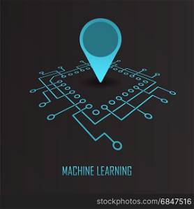 Main integrated circuit chip with geo location mark modern machine learning concept. Artificial intelligence idea vector illustration