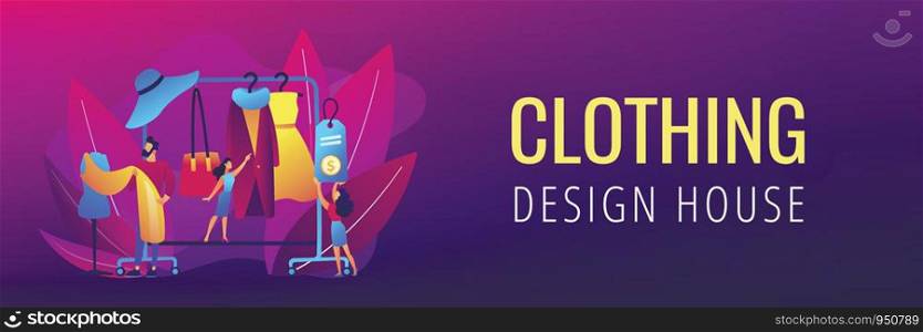 Main master designer creating fashion clothes designs and hanging it on coat rack. Fashion house, clothing design house, fashion production concept. Header or footer banner template with copy space.. Fashion house concept banner header.