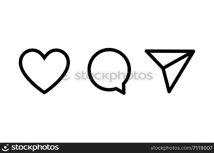 Main outline or linear icon set - chat airplane heart symbol. Internet and social network vector signs. EPS 10. Main outline or linear icon set - chat airplane heart symbol. Internet and social network vector signs.