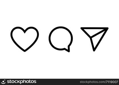 Main outline or linear icon set - chat airplane heart symbol. Internet and social network vector signs. EPS 10. Main outline or linear icon set - chat airplane heart symbol. Internet and social network vector signs.