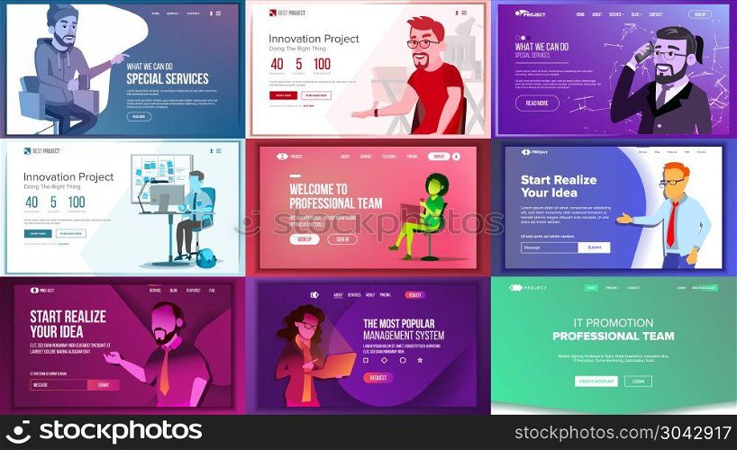Main Web Page Set Design Vector. Website Business Graphic. Landing Template. Future Energy Project. Card Credit. Business Coworking. Increase Experience. Illustration. Main Web Page Set Design Vector. Website Business Concept. Landing Template. Working Team. Application Newspaper. Creative Idea. Illustration