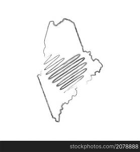 Maine US state hand drawn pencil sketch outline map with heart shape. Continuous line drawing of patriotic home sign. A love for a small homeland. T-shirt print idea. Vector illustration.. Maine US state hand drawn pencil sketch outline map with the handwritten heart shape. Vector illustration