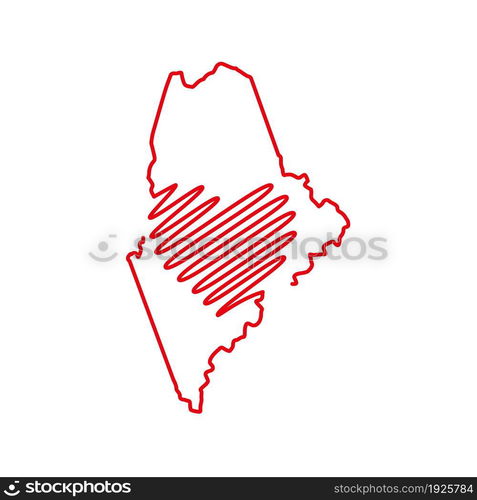 Maine US state red outline map with the handwritten heart shape. Continuous line drawing of patriotic home sign. A love for a small homeland. T-shirt print idea. Vector illustration.. Maine US state red outline map with the handwritten heart shape. Vector illustration