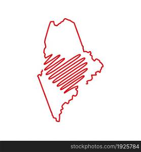 Maine US state red outline map with the handwritten heart shape. Continuous line drawing of patriotic home sign. A love for a small homeland. T-shirt print idea. Vector illustration.. Maine US state red outline map with the handwritten heart shape. Vector illustration