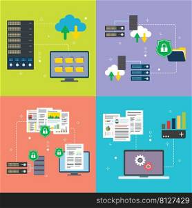 Mainframe, computer, cloud storage, big data, security and protection icons. Concepts of mainframe computer, cloud storage security,  data protection, big data machine. Flat design icons in vector illustration.
