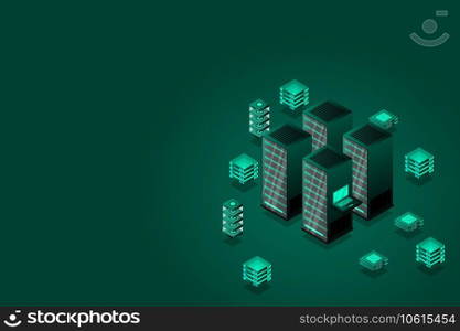 Mainframe, powered server, high technology concept, data center, cloud data storage isometric vector illustration ultraviolet background