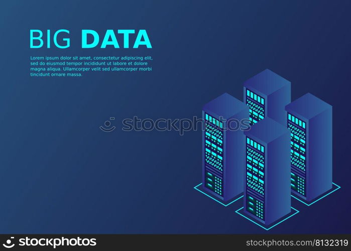 Mainframe, powered server, high technology concept, data center, cloud data storage isometric vector illustration ultraviolet background