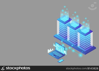 Mainframe, powered server, high technology concept, data center, cloud data storage isometric vector illustration ultraviolet background