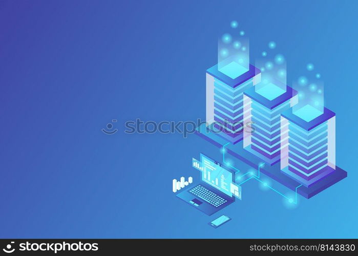 Mainframe, powered server, high technology concept, data center, cloud data storage isometric vector illustration ultraviolet background