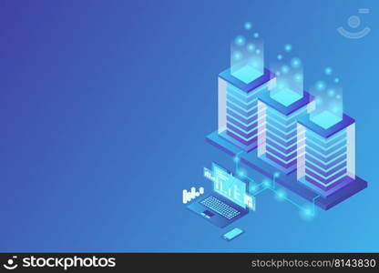 Mainframe, powered server, high technology concept, data center, cloud data storage isometric vector illustration ultraviolet background