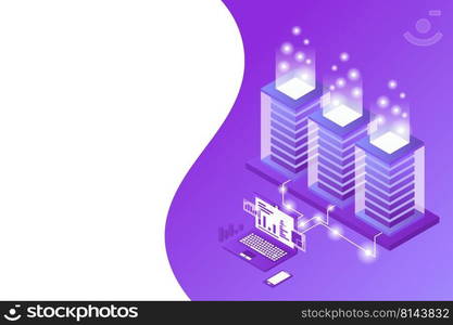 Mainframe, powered server, high technology concept, data center, cloud data storage isometric vector illustration ultraviolet background