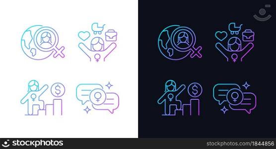 Mainstream feminism gradient icons set for dark and light mode. Working mom. Career ladder. Thin line contour symbols bundle. Isolated vector outline illustrations collection on black and white. Mainstream feminism gradient icons set for dark and light mode