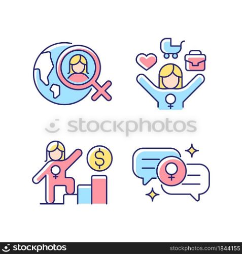 Mainstream feminism RGB color icons set. Women rights movement across globe. Full-time working mom. Career ladder. Female bonding. Isolated vector illustrations. Simple filled line drawings collection. Mainstream feminism RGB color icons set