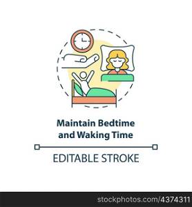 Maintain bedtime and waking time concept icon. Healthy lifestyle abstract idea thin line illustration. Isolated outline drawing. Editable stroke. Roboto-Medium, Myriad Pro-Bold fonts used. Maintain bedtime and waking time concept icon