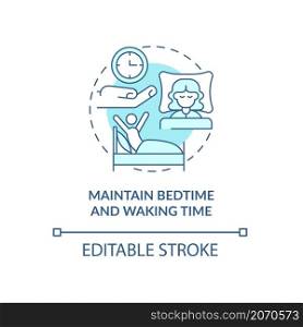 Maintain bedtime and waking time turquoise concept icon. Wellness lifestyle abstract idea thin line illustration. Isolated outline drawing. Editable stroke. Roboto-Medium, Myriad Pro-Bold fonts used. Maintain bedtime and waking time turquoise concept icon