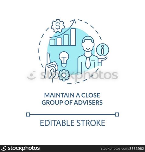 Maintain close group of advisers turquoise concept icon. Way to identify trends abstract idea thin line illustration. Isolated outline drawing. Editable stroke. Arial, Myriad Pro-Bold fonts used. Maintain close group of advisers turquoise concept icon