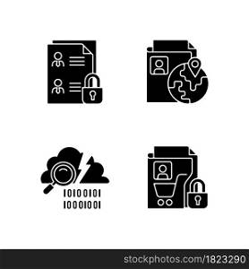 Maintain information security black glyph icons set on white space. Employee files. Ethnic origin. Data breach detection. Safeguarding buyers. Silhouette symbols. Vector isolated illustration. Maintain information security black glyph icons set on white space