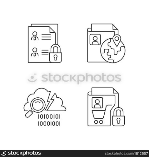 Maintain information security linear icons set. Employee files. Ethnic origin. Data breach detection. Customizable thin line contour symbols. Isolated vector outline illustrations. Editable stroke. Maintain information security linear icons set