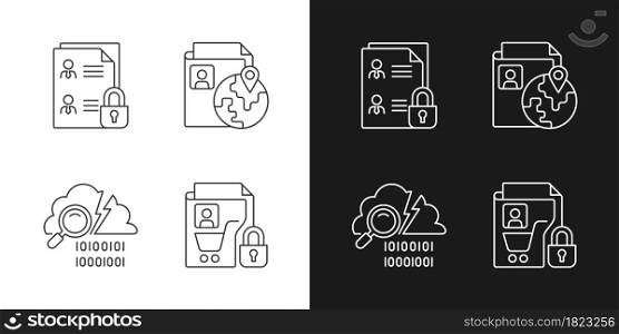 Maintain information security linear icons set for dark and light mode. Employee files. Data breach detection. Customizable thin line symbols. Isolated vector outline illustrations. Editable stroke. Maintain information security linear icons set for dark and light mode