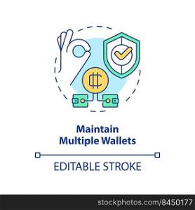 Maintain multiple wallets concept icon. Diversified investment. Cryptosecurity abstract idea thin line illustration. Isolated outline drawing. Editable stroke. Arial, Myriad Pro-Bold fonts used. Maintain multiple wallets concept icon