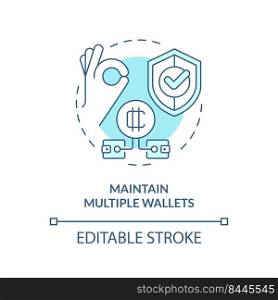 Maintain multiple wallets turquoise concept icon. Diversified investment abstract idea thin line illustration. Isolated outline drawing. Editable stroke. Arial, Myriad Pro-Bold fonts used. Maintain multiple wallets turquoise concept icon