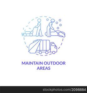 Maintain outdoor areas blue gradient concept icon. Housekeeping works for tenants abstract idea thin line illustration. Isolated outline drawing. Roboto-Medium, Myriad Pro-Bold fonts used. Maintain outdoor areas blue gradient concept icon