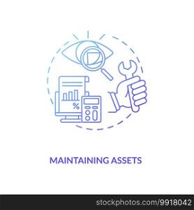 Maintaining assets concept icon. Asset management component idea thin line illustration. Business expenses. Repairs and maintenance. Improving reliability. Vector isolated outline RGB color drawing. Maintaining assets concept icon