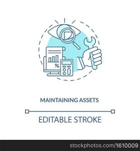 Maintaining assets concept icon. Asset management component idea thin line illustration. Repairs and maintenance. Preventing losses. Vector isolated outline RGB color drawing. Editable stroke. Maintaining assets concept icon