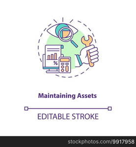 Maintaining assets concept icon. Asset management component idea thin line illustration. Repairs and maintenance. Improving reliability. Vector isolated outline RGB color drawing. Editable stroke. Maintaining assets concept icon