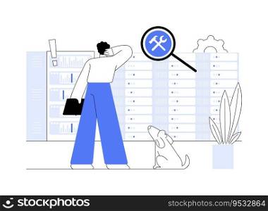 Maintaining hardware abstract concept vector illustration. Concentrated network technician checking hardware, maintaining and repairing process, troubleshooting industry abstract metaphor.. Maintaining hardware abstract concept vector illustration.
