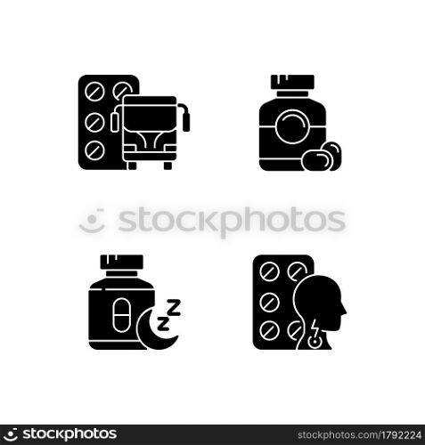 Maintaining life quality black glyph icons set on white space. Motion sickness treatment. Soft gelatin capsules. Sleep aid. Cold medication. Silhouette symbols. Vector isolated illustration. Maintaining life quality black glyph icons set on white space