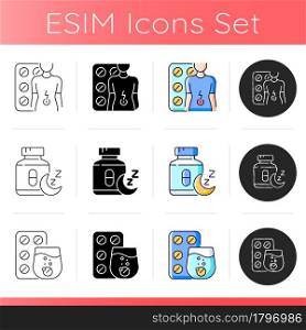 Maintaining life quality icons set. Relieve flu symptoms. Digestive wellbeing. Sleep medication. Effervescent tablet for cold relief. Linear, black and RGB color styles. Isolated vector illustrations. Maintaining life quality icons set