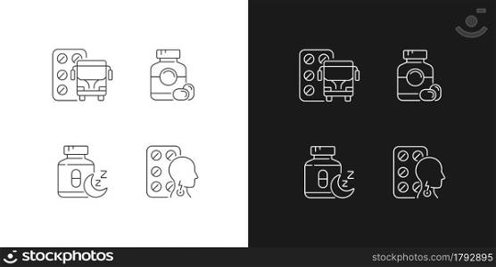 Maintaining life quality linear icons set for dark and light mode. Motion sickness treatment. Gelatin capsules. Customizable thin line symbols. Isolated vector outline illustrations. Editable stroke. Maintaining life quality linear icons set for dark and light mode
