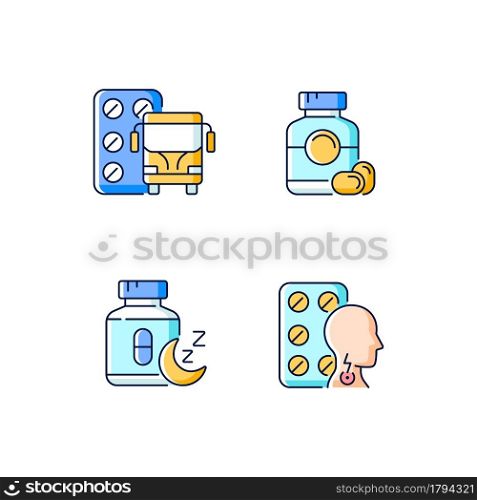 Maintaining life quality RGB color icons set. Motion sickness treatment. Soft gelatin capsules. Sleep aid. Cold medication. Isolated vector illustrations. Simple filled line drawings collection. Maintaining life quality RGB color icons set