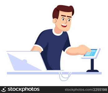 Maintaining software semi flat RGB color vector illustration. Smiling figure. Robotics courses for adults. Testing computer systems. Robotics engineer isolated cartoon character on white background. Maintaining software semi flat RGB color vector illustration