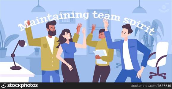 Maintaining team spirit flat background with group of creative young business people in office interior vector illustration
