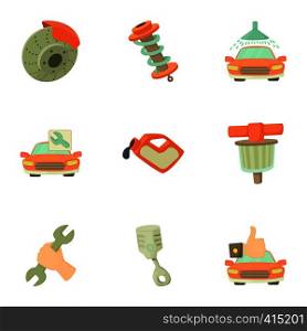 Maintenance car icons set. Cartoon illustration of 9 maintenance car vector icons for web. Maintenance car icons set, cartoon style