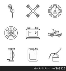 Maintenance car icons set. Outline illustration of 9 maintenance car vector icons for web. Maintenance car icons set, outline style