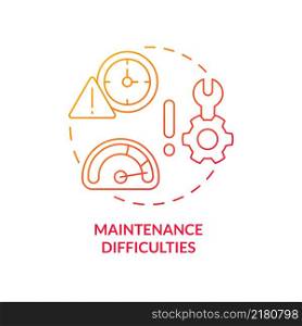 Maintenance difficulties red gradient concept icon. Rural electrification obstacles abstract idea thin line illustration. Isolated outline drawing. Roboto-Medium, Myriad Pro-Bold fonts used. Maintenance difficulties red gradient concept icon